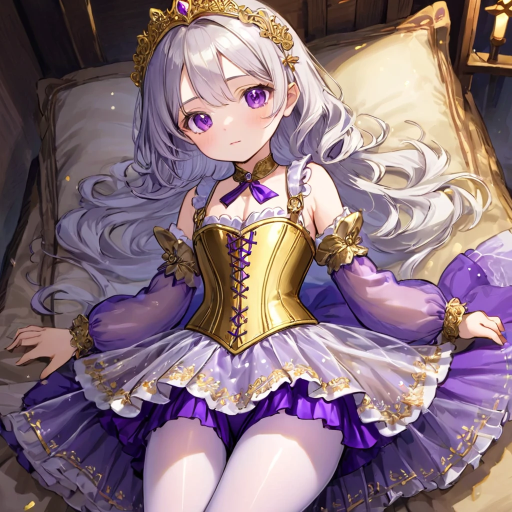 8 year old medieval girl, 1people々、In underwear、Gold and silver thread embroidery、Translucent underwear that reaches below the knee(Bloomers)wear、wear a semi-transparent corset、Translucent slip, Purple translucent tights、sleep