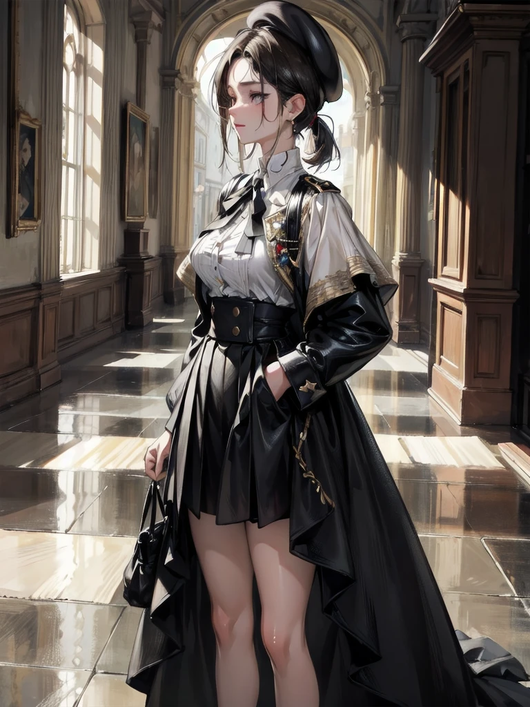 absurdres, RAW photo, extremely delicate and beautiful, masterpiece, Best Quality, ultra high resolution, 32k, hyperrealistic, ultra-detailed, delicate facial features, beautiful detailed woman, tearful mole, earring, medium breasts, full body shot, medium hair, black hair, beret, skirt, military uniform,