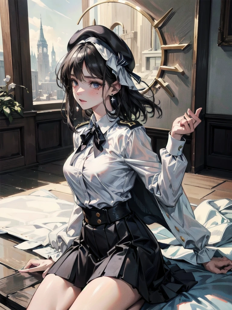 absurdres, RAW photo, extremely delicate and beautiful, masterpiece, Best Quality, ultra high resolution, 32k, hyperrealistic, ultra-detailed, delicate facial features, beautiful detailed woman, tearful mole, earring, medium breasts, full body shot, medium hair, black hair, beret, skirt, military uniform,