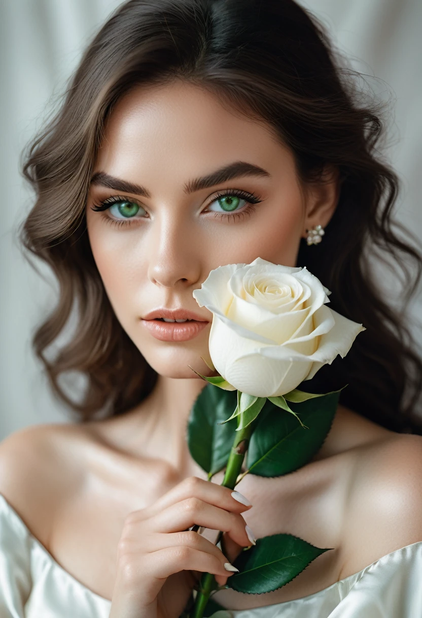 a woman with green eyes, flawless skin, half body shot, holding a white rose, whimsical photography style, captured with an Arriflex 35BL camera using Canon K25 prime lenses, cinematic, dramatic lighting, ultra clear, breathtaking surreal masterpiece.
