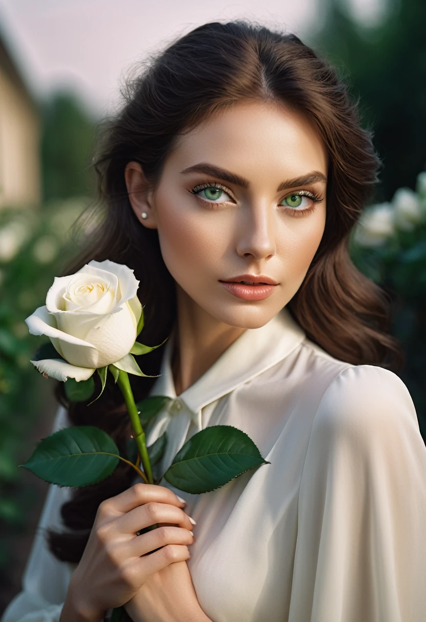 a woman with green eyes, flawless skin, half body shot, holding a white rose, whimsical photography style, captured with an Arriflex 35BL camera using Canon K25 prime lenses, cinematic, dramatic lighting, ultra clear, breathtaking surreal masterpiece.