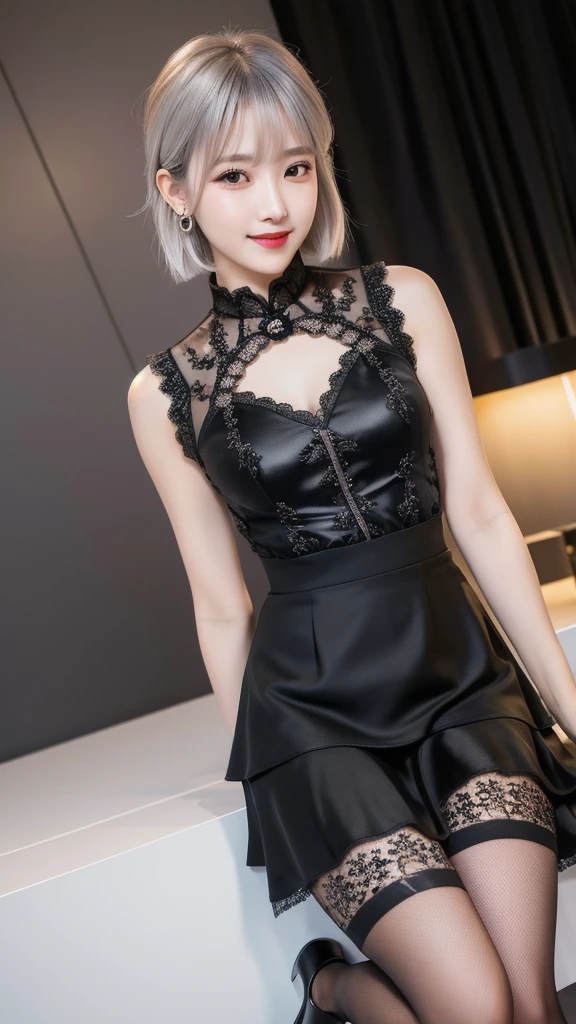 (8K, Photorealistic, Raw photo, Highest quality: 1.4),Japanese idol-style beautiful girl,1 person,18-year-old,(Short Bob),(Silver Hair :1.2),She has her hair tucked behind her ears,Clear grey eyes,Long eyelashes,(piercings(small)),(Lip gloss(red)),lips(Plump,glossy),thin long neck,(camisole(Black)),(flare skirt(Layered lace,Black)),tights(Mesh),High heels,(Sleeveless jacket((Lace embroidery),(Mesh))Layering),Party Venue,A large number of people(Woman in a dress,Man in suit)is gathered,Smiling at the camera,Knee shot snap
