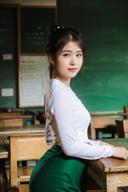 a 30 year old tall, thin female teacher with big hips, big breasts, black hair, small lips, brown eyes, attractive, wearing a white Burmese blouse with long sleeves, buttoned at the side, dark green long skirt, female Burmese sandals, hair in a knotted bun, looking back over her shoulder