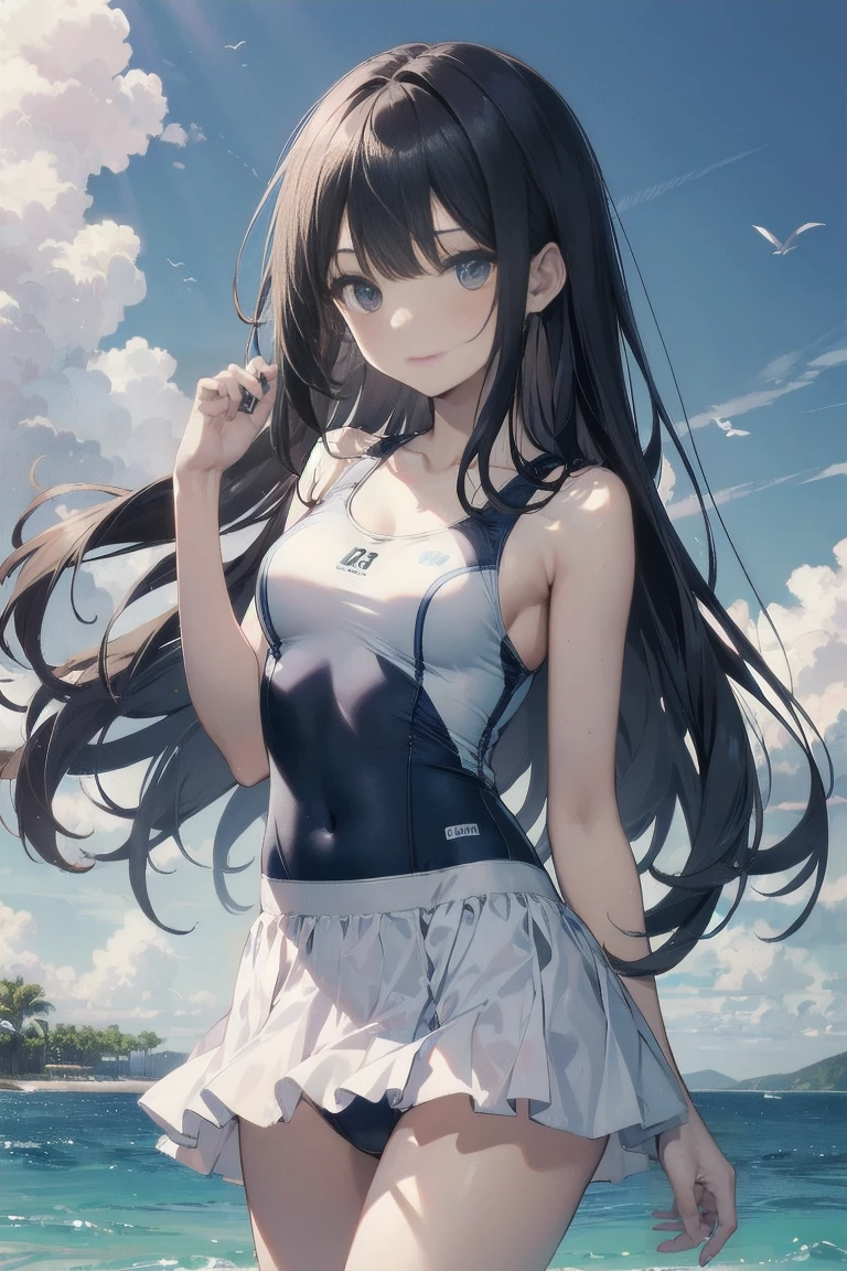 high quality、最high quality、Ultra-high resolution、Slender beauty、A white school swimsuit with a skirt and frills、Embarrassed look、Pleasant expression、Droopy eyes、Resort