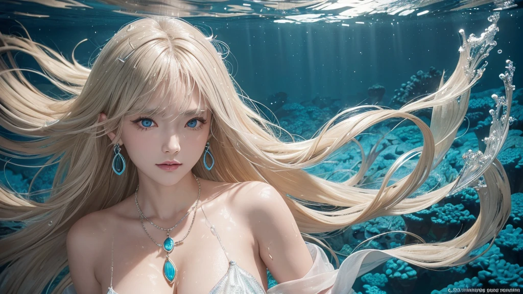 (Highest Quality Realistic Textured Skin),(terrible),(OK, round, Symmetrical eyes),Delicate facial features,(Burning bright cold eyes),(She has a mischievous smile),(Her face is kind and beautiful),Glass earrings in the ears,,(blonde),(Silvery white hair),(Chestnut Hair),(Swim at the bottom of the ocean),(Full body portrait:1.5),(Dramatic Photos:1.4),(Dramatic Pose),(Flashy photos)(look up),(Looking down),(Around her neck is a simple necklace made with exquisite craftsmanship.),Cluttered photos,(Hair flowing in water:1.5),(Underwater, Life at sea, 美しいCoral Reef, fish),(Background vortices and currents),(Dramatic Light),(Nice views),(美しいfishに囲まれて),遠くの背景にはCoral Reefに沈んだ寺院が見える,Coral Reef,Spectacular realism,Cinematic atmosphere,(High-density image review:1.5),(Soft colors:1.2),Very detailed,Dramatic Light,(Intricate details:1.1),Complex background,