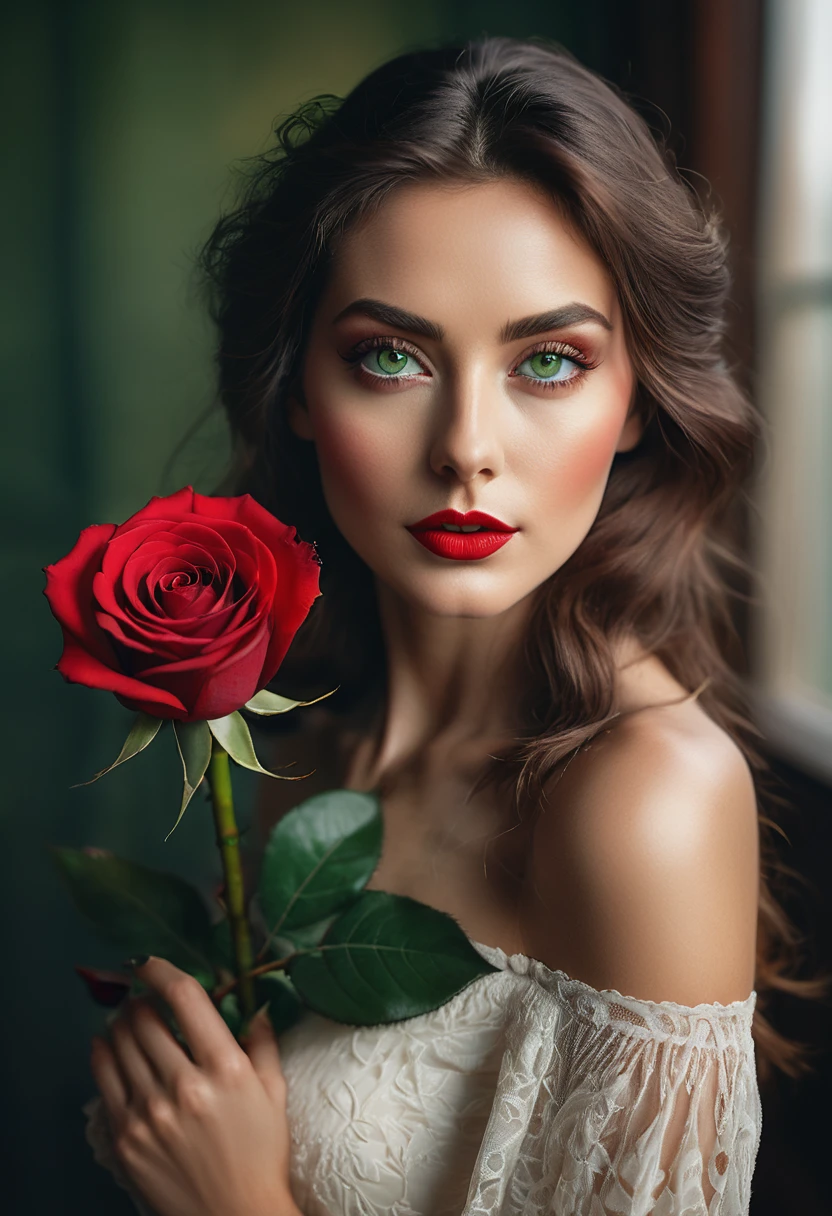 a woman with green eyes, flawless skin, half body shot, holding a red rose, whimsical photography style, captured with an Arriflex 35BL camera using Canon K25 prime lenses, cinematic, dramatic lighting, ultra clear, breathtaking surreal masterpiece.
