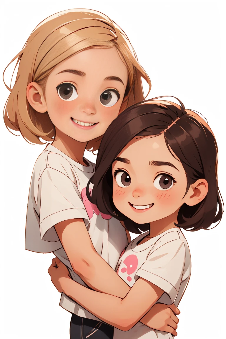 A high-definition, adorable chibi-style illustration featuring two lovely sisters. The elder sister, an eight-year-old girl, has long, brown hair and dark eyes, wearing a cute smile. Next to her is the younger sister, a two-year-old girl with short blonde hair and black eyes, also grinning. The sisters are drawn in a clipart style, set against a clean, white background with white margins, perfectly capturing their fun and playful personalities.