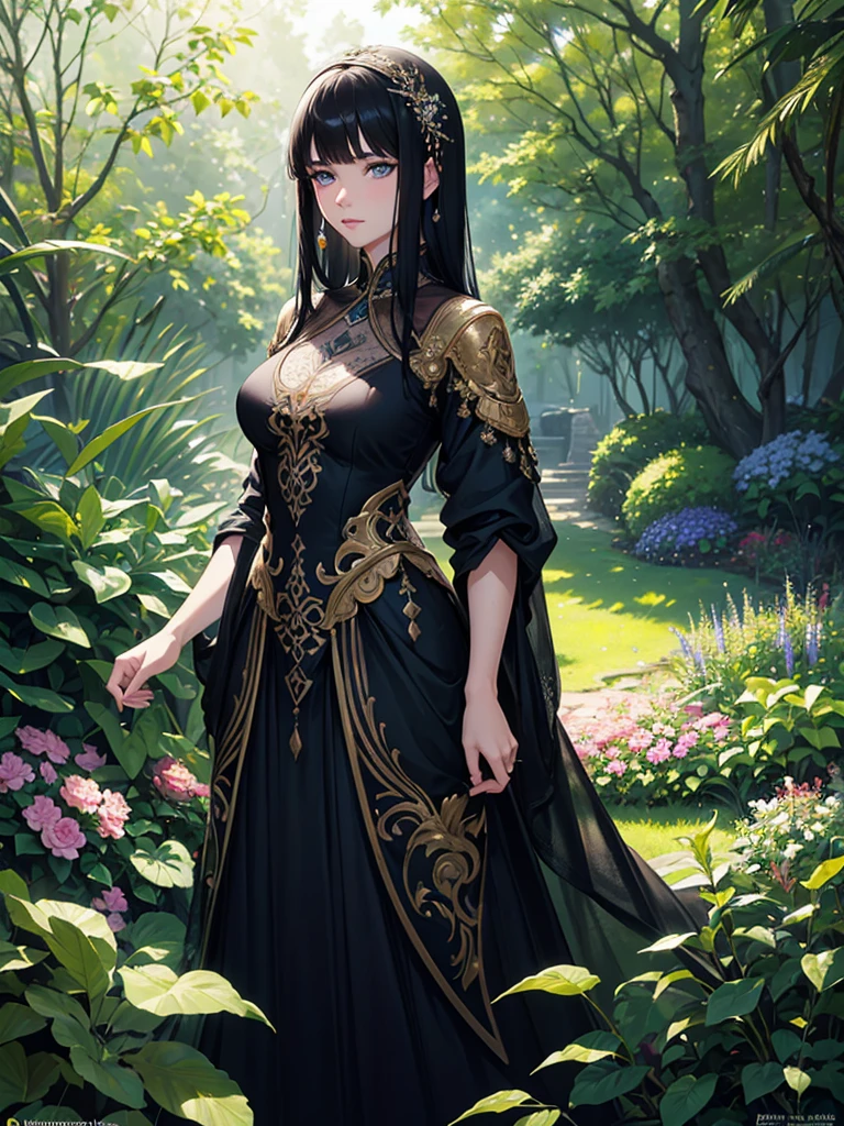 a beautiful young woman, detailed blue eyes, medium length black hair with bangs, highly detailed facial features, detailed skin texture, elegant dress, standing in a lush garden, sunlight filtering through the trees, intricate floral patterns, warm color palette, photorealistic, cinematic lighting, masterpiece, 8K, hyper-realistic
