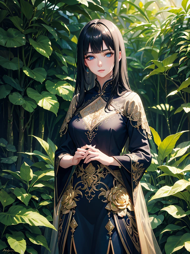 a beautiful young woman, detailed blue eyes, medium length black hair with bangs, highly detailed facial features, detailed skin texture, elegant dress, standing in a lush garden, sunlight filtering through the trees, intricate floral patterns, warm color palette, photorealistic, cinematic lighting, masterpiece, 8K, hyper-realistic