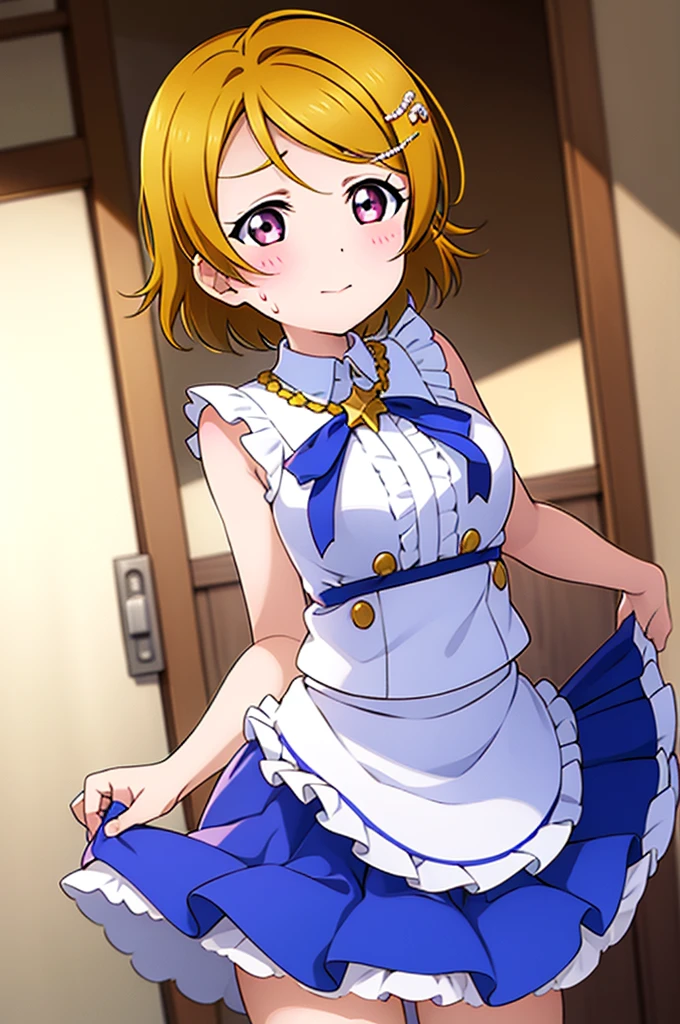 Koizumi_hanayo,Idol Costumes,Drenched in sweat,Sweaty,  Heavy breathing,Red face,Dull Hair,Disgust,anger, Are standing , Exposed armpits, Exposed crotch, Exposed groin, Exposed pubic bone,Ahoge,((Skirt lift up)),Panties in full view