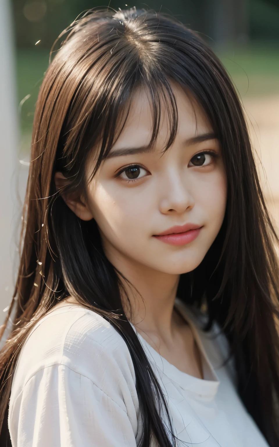 film portrait, 1 girl, long straight hair, forehead, white shirt, serene, careful, mild, vulnerable, innocent, chaste, shy smile, (Realistic detailed eyes, natural skin texture, Realistic facial details), soft dramatic lighting, pth of field, bokeh, vivid details, in detail, surreal, whole body, 35mm film, blurry blur