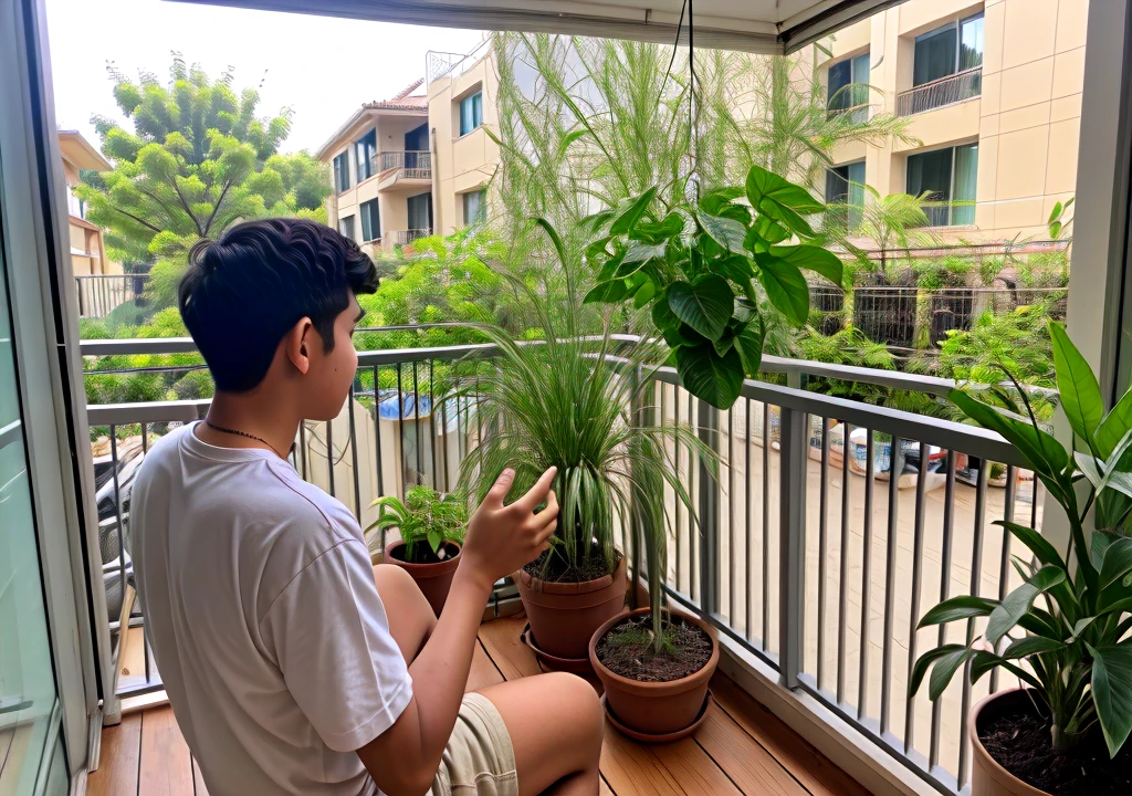 A boy is using a big plant supporter net on balcony wal for his balcony garden,