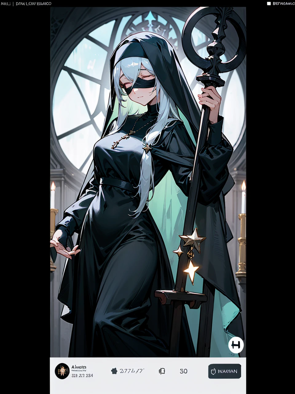 a nun with a blindfold and a elegant modest black church nun outfit, with some silver jewelry, she also wears a long see through veil on her head, with a faded sliver star shaped halo at the back, she is holding her hands together symbolizing a prayer gesture.
