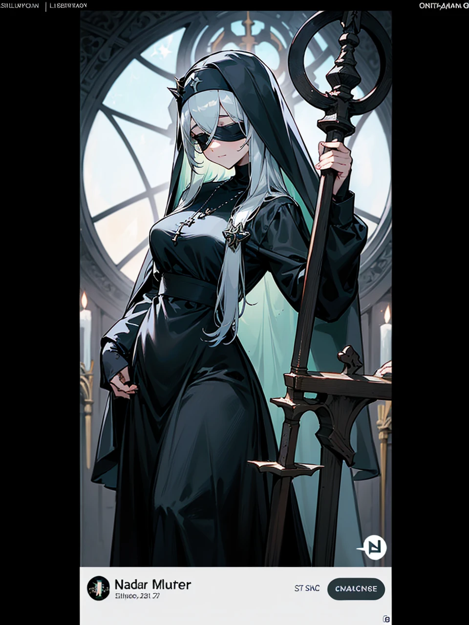 a nun with a blindfold and a elegant modest black church nun outfit, with some silver jewelry, she also wears a long see through veil on her head, with a faded sliver star shaped halo at the back, she is holding her hands together symbolizing a prayer gesture.
