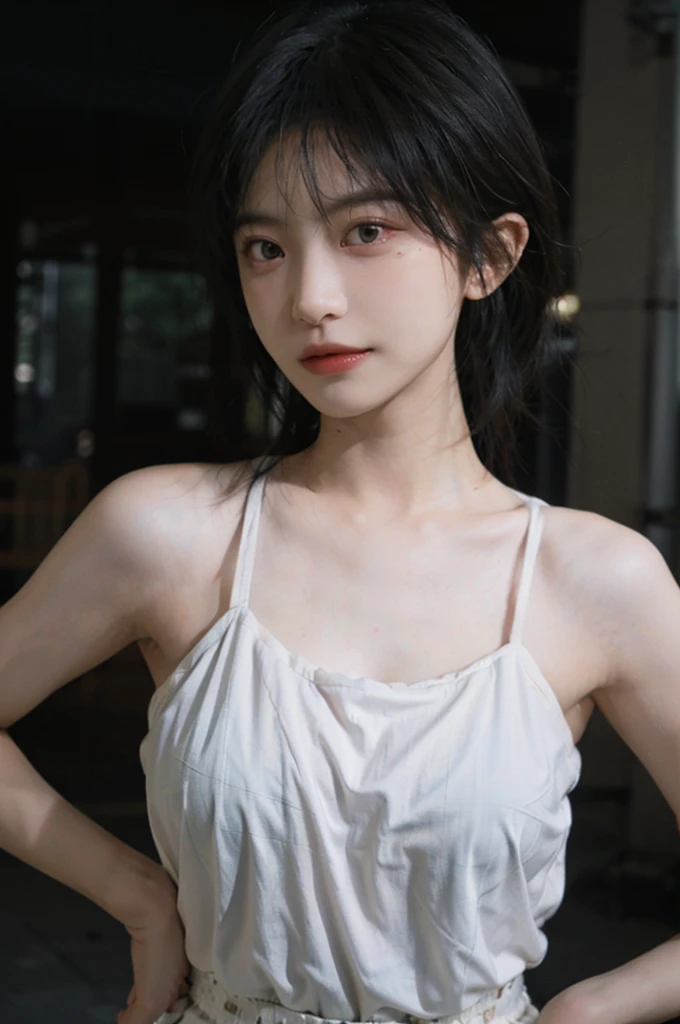 1 girl，Model，Upper Body，short hair,A faint smile,serene, calm，Moles under the eyes,Exquisite eyes, Delicate face,Lipstick,earrings,Hair details, skirt，（Dress conservatively：1.3）(Large Breasts:1.2),outdoor,background,城市background，(Skin details:1.4),(Realistic and detailed eyes：1.2）, Natural skin texture, Realistic facial details,Close-up of face,Portrait Photography,(Portrait Photography:1.1), (smooth skin textures:1.3), (Highest quality real skin textures:1.4), Direct vision,Soft dramatic lighting, Vivid details, 35 mm film, (Photo Practical:1.4), (hyper Practical:1.4), (Practical:1.3), (Smoother lighting:1.05), (Improve lighting quality:0.9), (Enhance the beauty of skin texture:1.1), Depth of Field, Bokeh, Surrealism, Ray Tracing, ( Surrealism, High Detail, Chiaroscuro, Ray Tracing, reflected light, Ultra HD, Ultra HD, masterpiece, Textured Skin, Super Detail, High Detail, high quality, best quality