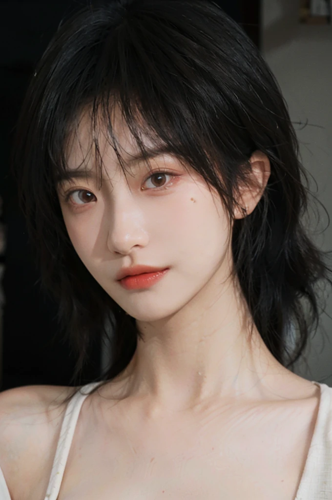 1 girl，Model，Upper Body，short hair,A faint smile,serene, calm，Moles under the eyes,Exquisite eyes, Delicate face,Lipstick,earrings,Hair details, skirt，（Dress conservatively：1.3）(Large Breasts:1.2),outdoor,background,城市background，(Skin details:1.4),(Realistic and detailed eyes：1.2）, Natural skin texture, Realistic facial details,Close-up of face,Portrait Photography,(Portrait Photography:1.1), (smooth skin textures:1.3), (Highest quality real skin textures:1.4), Direct vision,Soft dramatic lighting, Vivid details, 35 mm film, (Photo Practical:1.4), (hyper Practical:1.4), (Practical:1.3), (Smoother lighting:1.05), (Improve lighting quality:0.9), (Enhance the beauty of skin texture:1.1), Depth of Field, Bokeh, Surrealism, Ray Tracing, ( Surrealism, High Detail, Chiaroscuro, Ray Tracing, reflected light, Ultra HD, Ultra HD, masterpiece, Textured Skin, Super Detail, High Detail, high quality, best quality