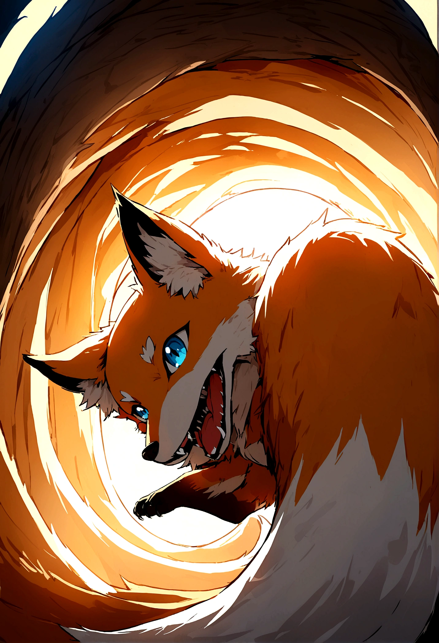 fox, view from below, totally on it, tail on the side