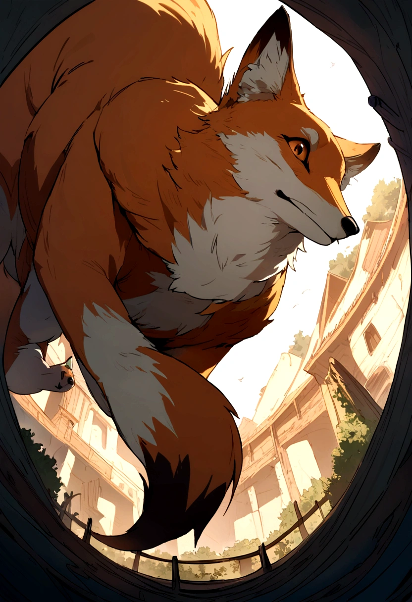 fox, view from below, totally on it, tail on the side