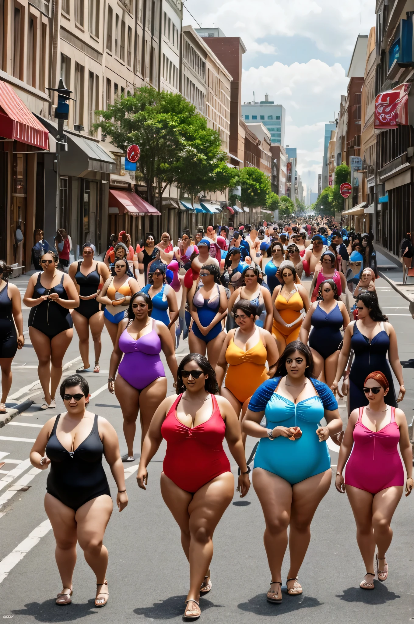 Create an image where it looks like a city street is full of fat women in one-piece swimsuits.