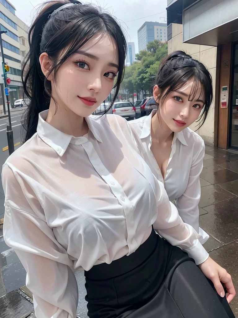 ((best quality, 8K, masterpiece: 1.3)),upper body,Thick black-rimmed glasses,Black Hair, black eye,sharp focus: 1.2, beautiful woman: 1.4, ((ponytail: 1.2)),(Silk darkmagenta long skirt、White long sleeve blouse with lace), (wet from rain: 1.3), (rain, street: 1.2), wet body: 1.2, Highly detailed face and skin texture, detailed eyes, double eyelids, White skin,E cup,smile,Financial district of the big city,Skyscraper,White skin,Wet Hair、Wet Skin、Wet clothes、smile、