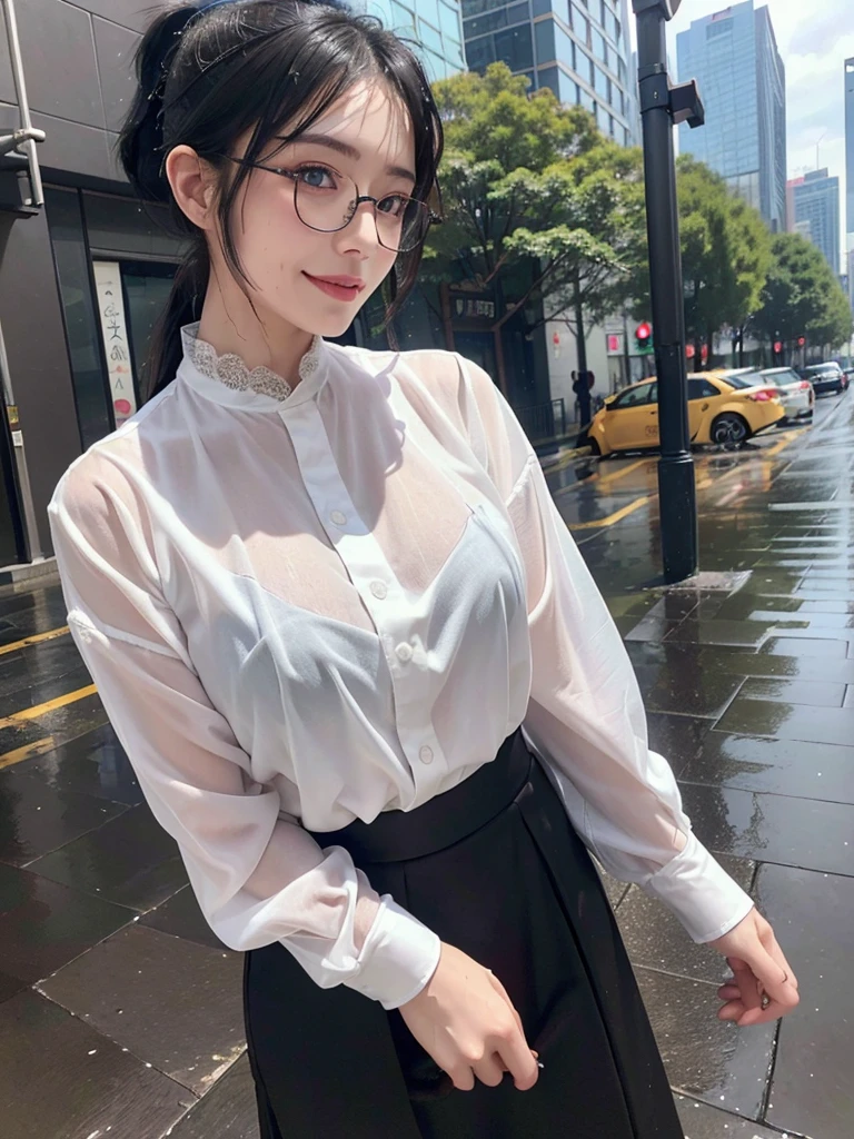 ((best quality, 8K, masterpiece: 1.3)),upper body,Thick black-rimmed glasses,Black Hair, black eye,sharp focus: 1.2, beautiful woman: 1.4, ((ponytail: 1.2)),(Silk darkmagenta long skirt、White long sleeve blouse with lace), (wet from rain: 1.3), (rain, street: 1.2), wet body: 1.2, Highly detailed face and skin texture, detailed eyes, double eyelids, White skin,E cup,smile,Financial district of the big city,Skyscraper,White skin,Wet Hair、Wet Skin、Wet clothes、smile、 