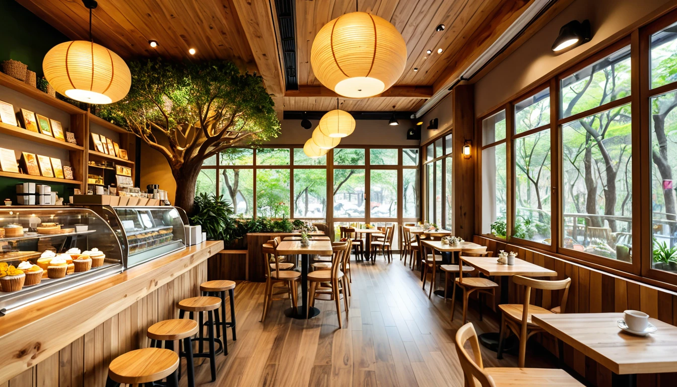 A cafe in the magical forest。The interior of the cafe is designed with a warm wooden theme.、The interior design incorporates the beauty of nature.。The floor is made of polished wooden planks.、The walls are decorated in a way that makes the tree rings visible.。The large windows offer a panoramic view of the forest.、Soft natural light brightens the interior。The shop is lined with handmade wooden tables and chairs.、Each table is decorated with colorful flowers.。The counter is lined with aromatic coffee and herbal tea.、Beautifully displayed homemade cakes and baked goods。There is plenty of space behind the counter and a large window.、The walls are decorated with paintings and photographs by local artists.、It exudes a warm atmosphere。The lighting is soft and warm-colored lamps.、At night, the interior of the store is lit up with faint lights.、There's more space to relax。The shelves are lined with books and magazines、Visitors々It is designed so that you can relax and unwind.。The overall atmosphere is cozy、Visitors々It is a place that gives a sense of happiness and comfort to。Different world、Different dimension、Very realistic、Realistic、Surreal、masterpiece、Highest quality、High resolution、8K、3D Rendering、Depth of written boundary