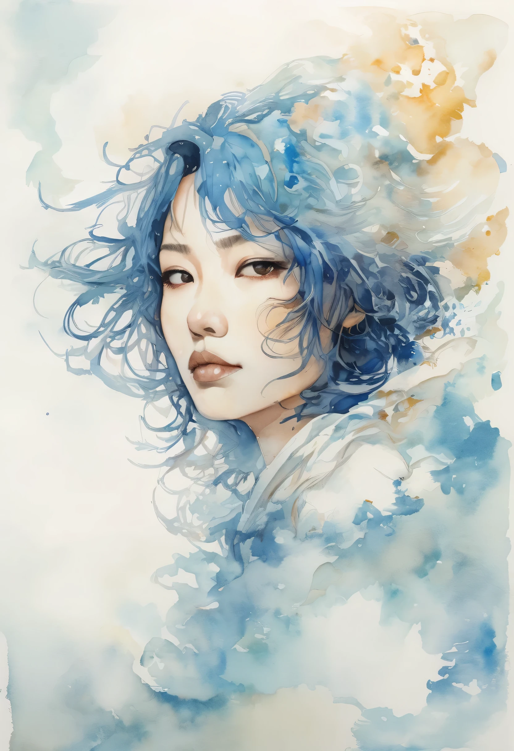 artwork:Katsuya Terada 、Queen of Ice、ice、 (vector art:1.4), Minimalism、Blue Theme、(Esbian all over:1.4)、Watercolor、Beautiful face girl、White background、Drawn in blue pencil、diego gisbert lawrence、Joe San Gonzalez Dan Mumford、Picture book illustrations、vague、superwide shot、Highest quality、Intensive、Golden ratio composition、Watercolor、