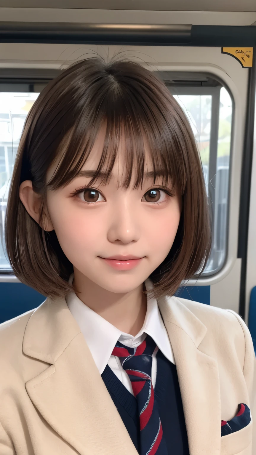 masterpiece, Best Quality, One girl, (a beauty girl, delicate girl:1.3), (15 years old:1.3), Very fine eye definition, (Symmetrical eyes:1.3), (inside train:1.2), (winter school uniform:1.3), small breasts, Brown eyes, Parted bangs, Brown hair, petit girl, (eyes and faces with detailed:1.0), (upper teeth, best smile:0.2)