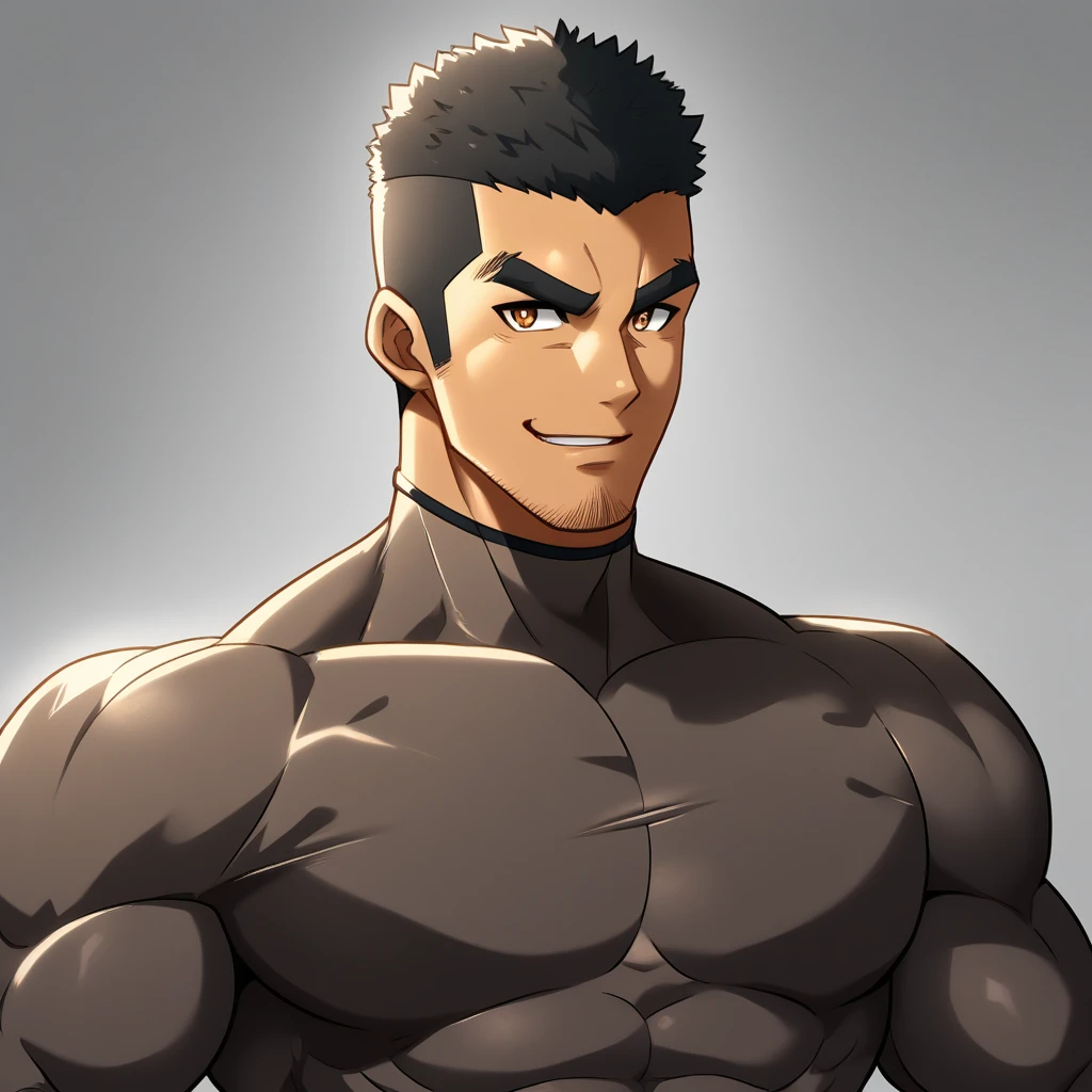 anime characters：Gyee, Muscle Sports Student, negro black skin, 1 dark skin muscular tough guy, Manliness, male focus, Brown long-sleeved high-neck fitness tights, Very tight, Round, full and perky chest muscles, Perfect waist line, Slightly transparent, muscular male, muscular, only, Upper body, alone, Black short hair, Thick eyebrows, stubble, Brown eyes, Grey background, simple background, amazing quality, best aesthetics, Ridiculous, bright pupils, crew cut, parted lips, seductive smile, torogao, naughty face, best quality