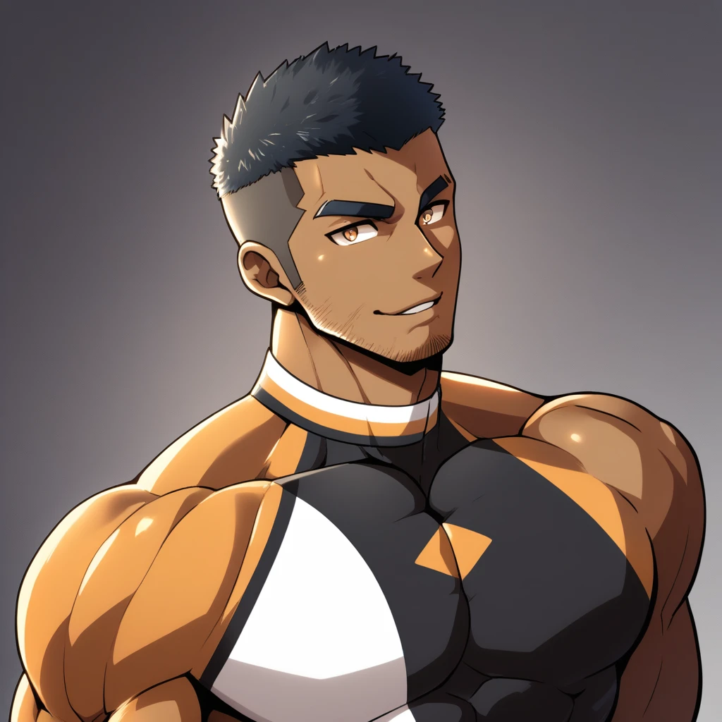 anime characters：Gyee, Muscle Sports Student, negro black skin, 1 dark skin muscular tough guy, Manliness, male focus, Brown long-sleeved high-neck fitness tights, Very tight, Round, full and perky chest muscles, Perfect waist line, Slightly transparent, muscular male, muscular, only, Upper body, alone, Black short hair, Thick eyebrows, stubble, Brown eyes, Grey background, simple background, amazing quality, best aesthetics, Ridiculous, bright pupils, crew cut, parted lips, seductive smile, torogao, naughty face, best quality