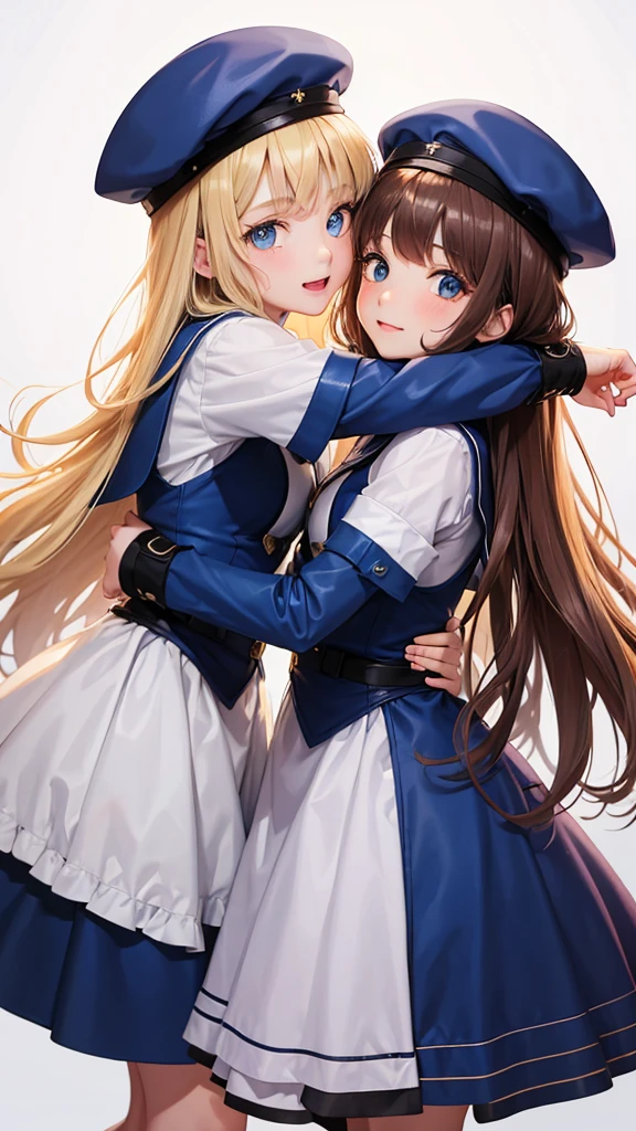 2 girls, who are , hug each other. The one girl, has brown curly hair, blue eyes, und das andere Mädchen hat glatte blonde Haare und blue eyes