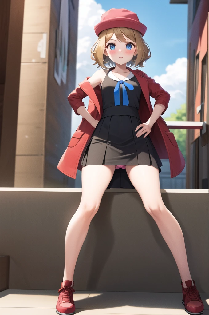 masterpiece, Highest quality, High resolution, Serena \(Pokemon\), short hair, blue eyes, One girl, alone, Blue Ribbon, eyelash, Black thighs, Neck ribbon, No sleeve, bangs, clavicle, Bare arms, Pink Dress, Red coat, Pink hat, Outdoor, Sitting, return, turning return to the viewer, Looking over your shoulder, surprise,blush, ((Lift up your skirt, Panty shot)), panties, tight panties,  Red panties, Hands on hips.