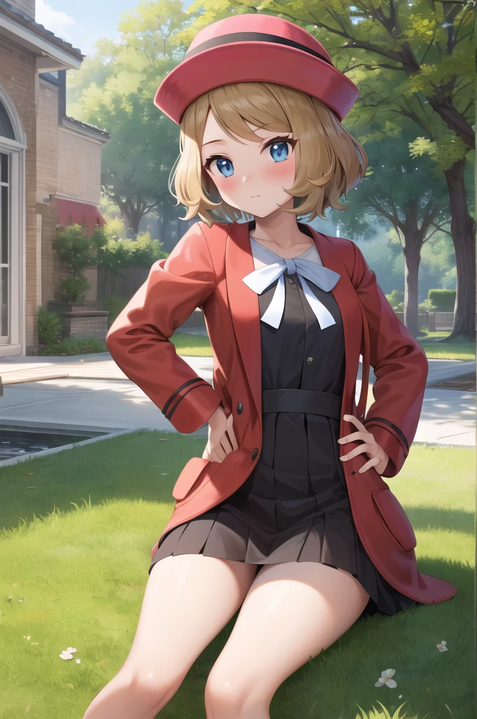 masterpiece, Highest quality, High resolution, Serena \(Pokemon\), short hair, blue eyes, One girl, alone, Blue Ribbon, eyelash, Black thighs, Neck ribbon, No sleeve, bangs, clavicle, Bare arms, Pink Dress, Red coat, Pink hat, Outdoor, Sitting, return, turning return to the viewer, Looking over your shoulder, surprise,blush, ((Lift up your skirt, Panty shot)), panties, tight panties,  Red panties, Hands on hips.