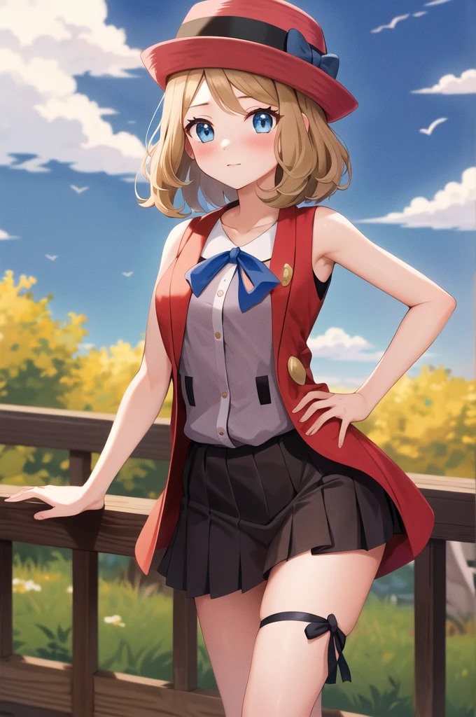 masterpiece, Highest quality, High resolution, Serena \(Pokemon\), short hair, blue eyes, One girl, alone, Blue Ribbon, eyelash, Black thighs, Neck ribbon, No sleeve, bangs, clavicle, Bare arms, Pink Dress, Red coat, Pink hat, Outdoor, Sitting, return, turning return to the viewer, Looking over your shoulder, surprise,blush, ((Lift up your skirt, Panty shot)), panties, tight panties,  Red panties, Hands on hips.