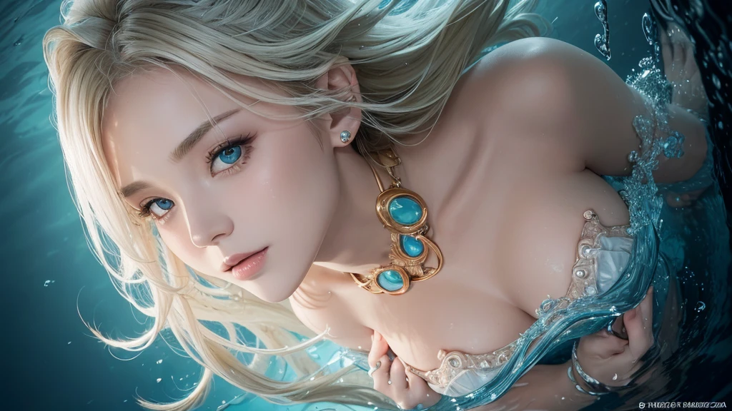 （Highest Quality Realistic Textured Skin),(terrible),(OK, round, Symmetrical eyes),Delicate facial features,(Burning bright cold eyes),(She has a mischievous smile),(Her face is kind and beautiful),Glass earrings in the ears,,(blonde),(Silvery white hair),(Chestnut Hair),(Swim at the bottom of the ocean)，(Full body portrait:1.5),(Dramatic Photos:1.4),(Dramatic Pose),(Flashy photos)(look up),(Looking down),(Around her neck is a simple necklace made with exquisite craftsmanship.),Cluttered photos，(Hair flowing in water:1.5),(Underwater, Life at sea, 美しいCoral Reef, fish),(Background vortices and currents),(Dramatic Light),(Nice views),(美しいfishに囲まれて),遠くの背景にはCoral Reefに沈んだ寺院が見える,Coral Reef,Spectacular realism,Cinematic atmosphere,(High-density image review:1.5),(Soft colors:1.2),Very detailed,Dramatic Light,(Intricate details:1.1),Complex background,