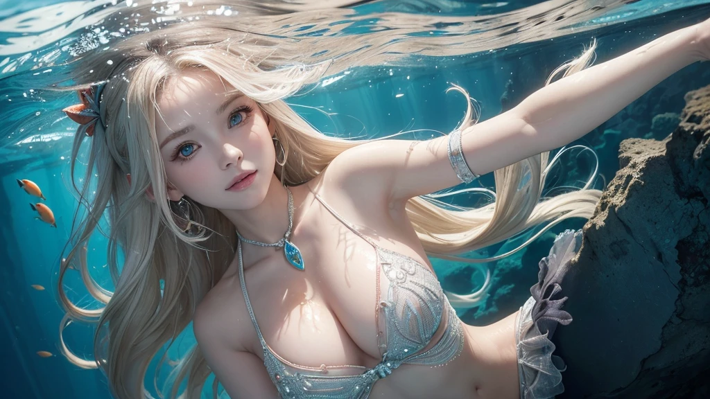 (Highest Quality Realistic Textured Skin),(terrible),(OK, round, Symmetrical eyes),Delicate facial features,(Burning bright cold eyes),(She has a mischievous smile),(Her face is kind and beautiful),Glass earrings in the ears,,(blonde),(Silvery white hair),(Chestnut Hair),(Swim at the bottom of the ocean),(Full body portrait:1.5),(Dramatic Photos:1.4),(Dramatic Pose),(Flashy photos)(look up),(Looking down),(Around her neck is a simple necklace made with exquisite craftsmanship.),Cluttered photos,(Hair flowing in water:1.5),(Underwater, Life at sea, 美しいCoral Reef, fish),(Background vortices and currents),(Dramatic Light),(Nice views),(美しいfishに囲まれて),遠くの背景にはCoral Reefに沈んだ寺院が見える,Coral Reef,Spectacular realism,Cinematic atmosphere,(High-density image review:1.5),(Soft colors:1.2),Very detailed,Dramatic Light,(Intricate details:1.1),Complex background,