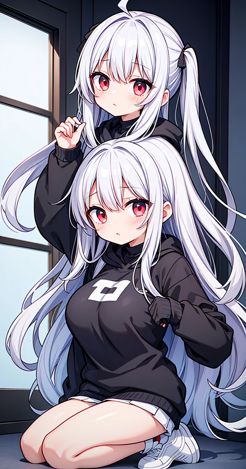 １older sister、Silver straight hair、Red Eyes、17歳のolder sister、I'm scared、White and blue hoodie jumper、Black jeans、Black sneakers、Have acrobatic movements、Under her jersey she wears a white T-shirt that reveals her very large breasts.、ボン・キュッ・ボンの身体突きをしたolder sister、The body is slightly twisted.、My chest is shaking so much、Messy hair with flyaways、Very cute girl、Fluffy knitted clothes