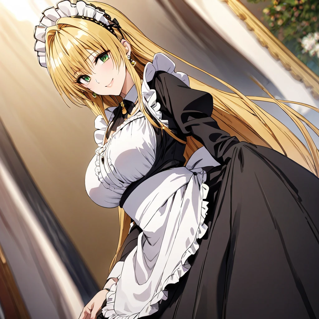 The luxurious and high-class Victorian maid outfit features a lot of gorgeous gold embroidery and edging, and the blouse, apron, and headband also feature gorgeous gold embroidery and edging.、((Highest quality)), ((masterpiece)), (detailed), （Perfect Face）、The woman is Tierre, with green eyes, medium-long blonde hair, a Victorian maid outfit and maid headband, jeweled earrings, and an engagement ring.、The woman is smiling fondly in a luxurious room、The Victorian maid uniform is a calm, old-fashioned type with long sleeves and a long skirt, decorated with luxurious gold embroidery and edging.
