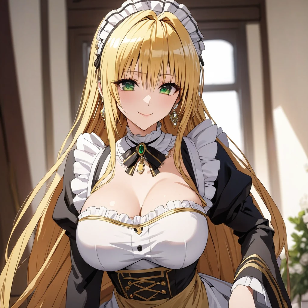 The luxurious and high-class Victorian maid outfit features a lot of gorgeous gold embroidery and edging, and the blouse, apron, and headband also feature gorgeous gold embroidery and edging.、((Highest quality)), ((masterpiece)), (detailed), （Perfect Face）、The woman is Tierre, with green eyes, medium-long blonde hair, a Victorian maid outfit and maid headband, jeweled earrings, and an engagement ring.、The woman is smiling fondly in a luxurious room、The Victorian maid uniform is a calm, old-fashioned type with long sleeves and a long skirt, decorated with luxurious gold embroidery and edging.
