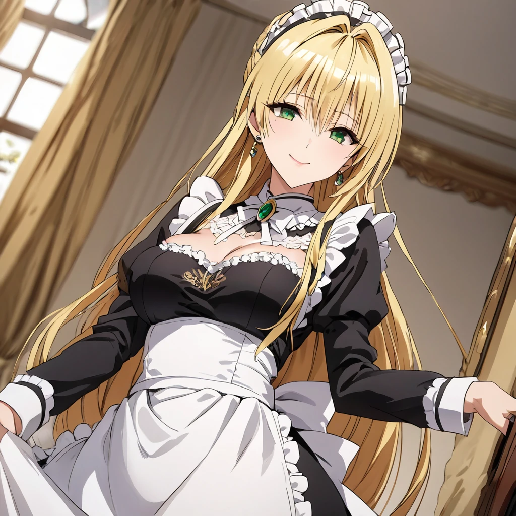 The luxurious and high-class Victorian maid outfit features a lot of gorgeous gold embroidery and edging, and the blouse, apron, and headband also feature gorgeous gold embroidery and edging.、((Highest quality)), ((masterpiece)), (detailed), （Perfect Face）、The woman is Tierre, with green eyes, medium-long blonde hair, a Victorian maid outfit and maid headband, jeweled earrings, and an engagement ring.、The woman is smiling fondly in a luxurious room、The Victorian maid uniform is a calm, old-fashioned type with long sleeves and a long skirt, decorated with luxurious gold embroidery and edging.