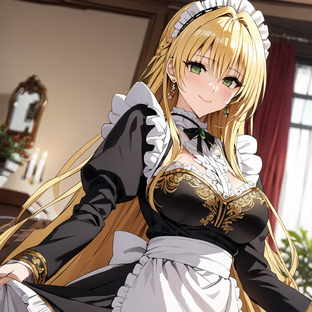 The luxurious and high-class Victorian maid outfit features a lot of gorgeous gold embroidery and edging, and the blouse, apron, and headband also feature gorgeous gold embroidery and edging.、((Highest quality)), ((masterpiece)), (detailed), (Perfect Face)、The woman is Tierre, with green eyes, medium-long blonde hair, a Victorian maid outfit and maid headband, jeweled earrings, and an engagement ring.、The woman is smiling fondly in a luxurious room、The Victorian maid uniform is a calm, old-fashioned type with long sleeves and a long skirt, decorated with luxurious gold embroidery and edging.