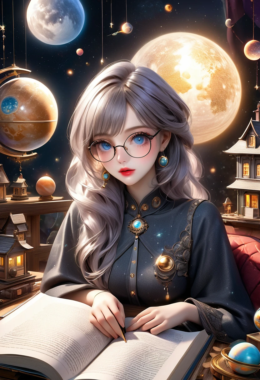 a beautiful cute girl, beautiful detailed eyes, long eyelashes, beautiful detailed lips, an astrologer, astrology book, shady fortune-telling house, sun, moon, planets, horoscope, (best quality,4k,8k,highres,masterpiece:1.2),ultra-detailed,(realistic,photorealistic,photo-realistic:1.37), glasses, mysterious atmosphere, mysterious clothes