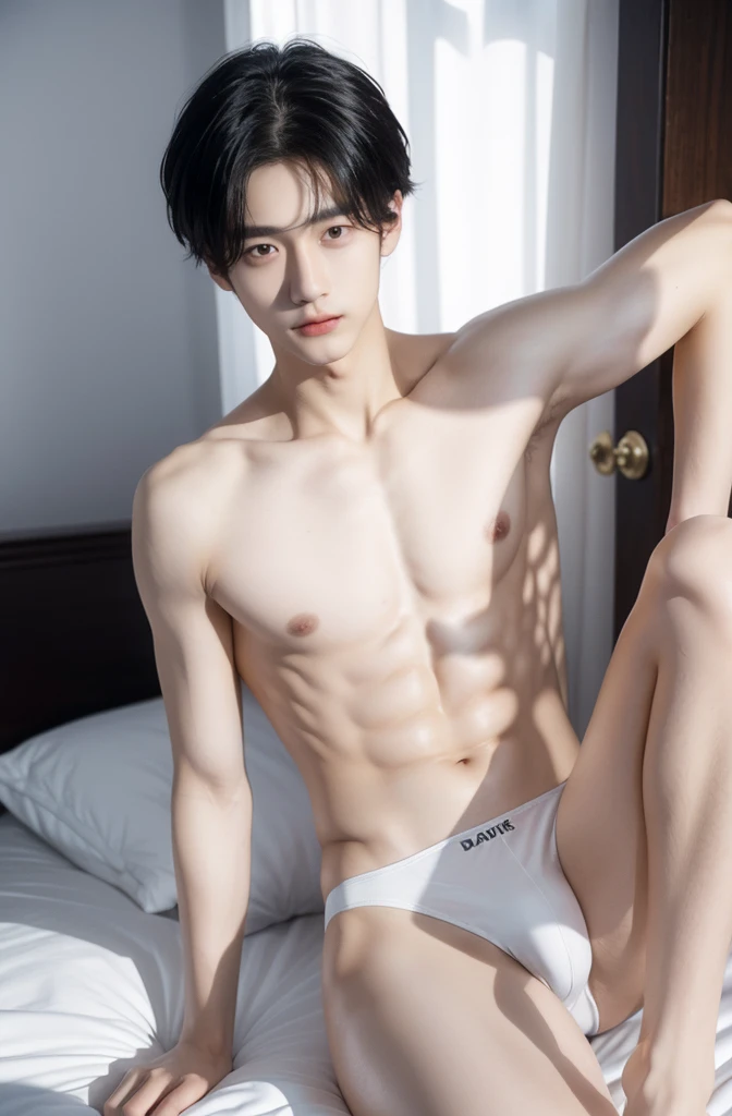 18-year-old boy, Completely naked ,Smooth skin and black hair,   Thin、Beautiful Boy、Japanese、Dark Eyes、whole body、White underwear