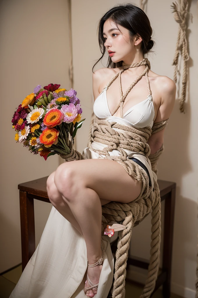 Urzan-6500-v1.1, (RAW Photos:1.2), (Photorealistic), (Genuine:1.4), (Pieces fly), Arab Asian woman sitting on a chair wearing a white bodysuit, Tied to a chair, Object made of white mesh rope, (Rope Bondage, shibari, Small breasts, Round shaped breasts, ((she)), ((Mid Shot, whole body, Narrow waist)),Flowers and Japanese clothing, Strangled with a rope:1.7), Photographed with Canon EOS R6, sheの体内のケーブル, Wearing a white leotard, Wrapped in leather straps, Japanese Goddess