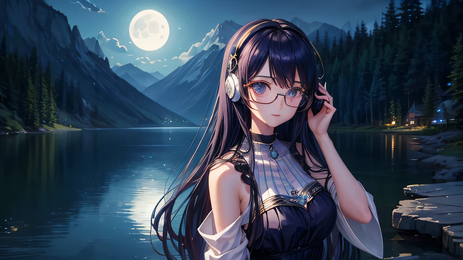 Highest quality、masterpiece、High sensitivity、High resolution、Detailed Description、Slender women、Slim Body、Glasses、Character: Age: 18 Wearing large headphones Beautiful girl Revealing clothing Mystical appearance Background: Moon reflecting on a lakeside Dreamy, night setting Blue tones
