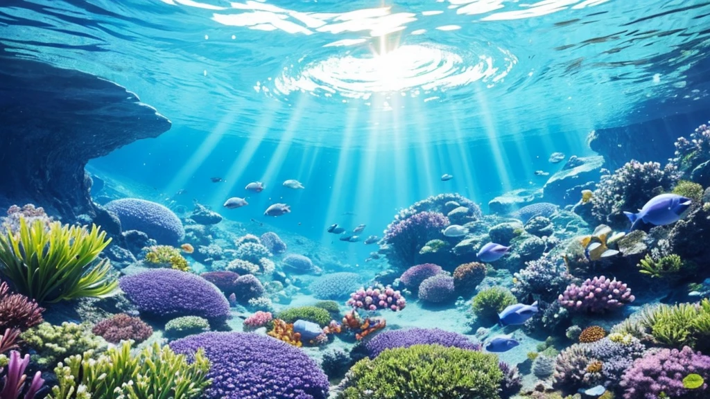 Underwater scene
Fantastical
Beautiful
Blue theme
Blue-purple flowers
Enchanting
Surreal
Clear water
Beams of light
Mystical glow
Serene
Magical
Gentle currents
Swaying flowers
Aquatic plants
Fish swimming
Dreamlike