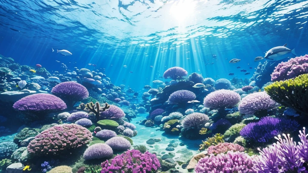 Underwater scene
Fantastical
Beautiful
Blue theme
Blue-purple flowers
Enchanting
Surreal
Clear water
Beams of light
Mystical glow
Serene
Magical
Gentle currents
Swaying flowers
Aquatic plants
Fish swimming
Dreamlike