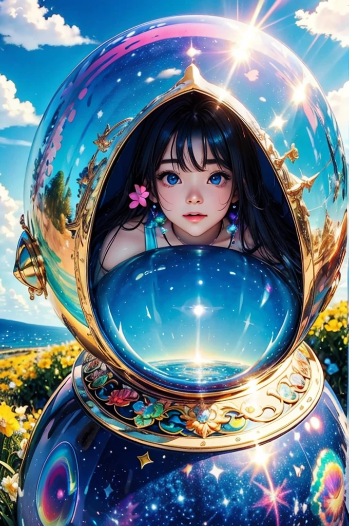 (Highest quality), (8K), (Highest quality), (live-action), (Realistic photos), summer、summerを感じる物、summerを感じる風景, blue sky, Rainbow and sunshine shining.16K, Ultra-high resolution, Shining in rainbow colors、to be born,wonderful ,future、Iridescent、The world 30 years from now。