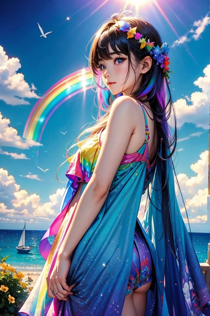 (Highest quality), (8K), (Highest quality), (live-action), (Realistic photos), summer、summerを感じる物、summerを感じる風景, blue sky, Rainbow and sunshine shining.16K, Ultra-high resolution, Shining in rainbow colors、to be born,wonderful ,future、Iridescent、The world 30 years from now。