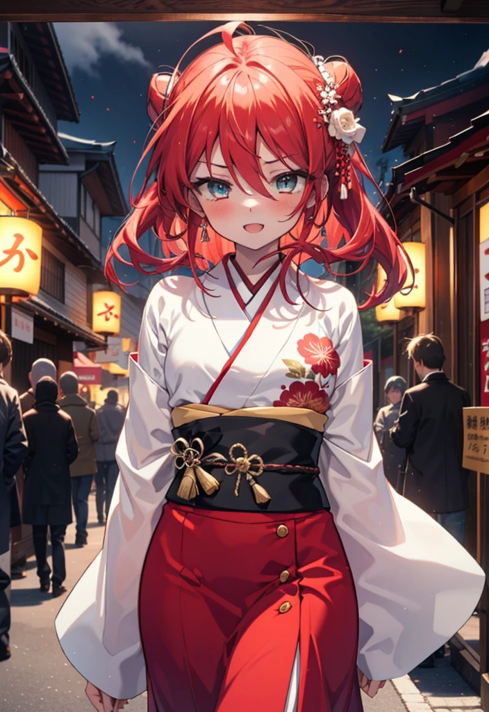 Shana,灼眼のShana,Long Hair, Red hair,Red eyes,Ahoge,smile,blush,Open your mouth,Hair Bun, single Hair Bun,blush,Red Kimono,Thick sleeves,Red long skirt,日本のfestival,夏festivalの屋台,Red lantern,So that the whole body goes into the illustration,Walking,　　　　　　　　　　　  break looking at viewer, Upper Body (Cowboy Shot:1. 5),  　　　　　　　　　　　　　　　　　　break outdoors, shrine,festival, 　　　　　　　　　　　　　break (masterpiece:1.2), Highest quality, High resolution, unity 8k wallpaper, (shape:0.8), (Beautiful and beautiful eyes:1.6), Highly detailed face, Perfect lighting, Highly detailed CG, (Perfect hands, Perfect Anatomy),